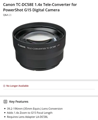 Canon TC-DC58E 1.4x Tele-Converter PowerShot G15 e G16