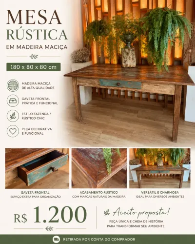 MESA RÚSTICA EM MADEIRA MACIÇA