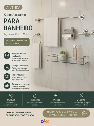 Kit Acessórios para Banheiro em Aço Inox Cromado com Prateleira de Vidro - Completo NOVO