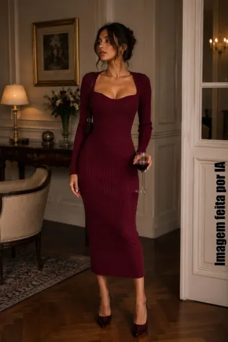 Vestido feminino justo tricot modal midi marsala - Veste P/M - Ref. 6071