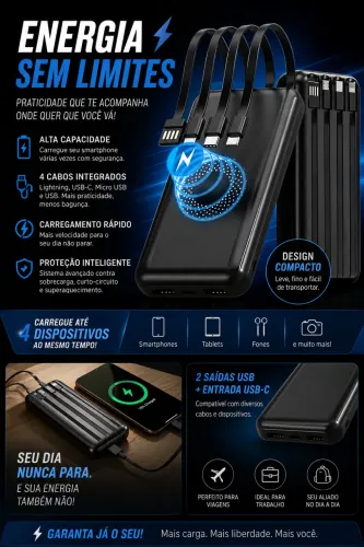 ? Power Bank 20.000mAh | 4 Cabos Integrados ? Carga Rápida ? Alta Capacidade ?