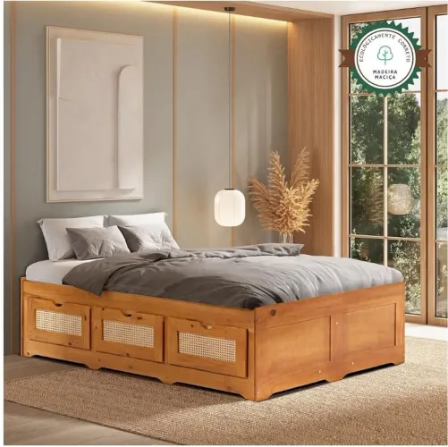 Cama Casal 6 Gavetas, Madeira Maciça, Castanho