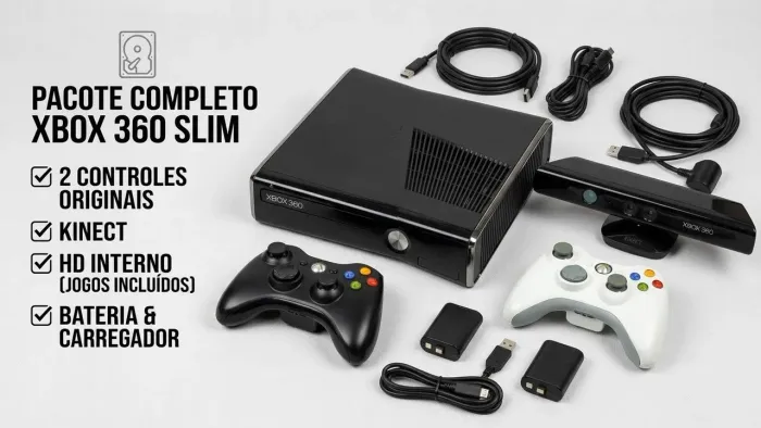 Xbox 360 Slim + 2 Controles originais + Kinect + HD interno lotado de jogos