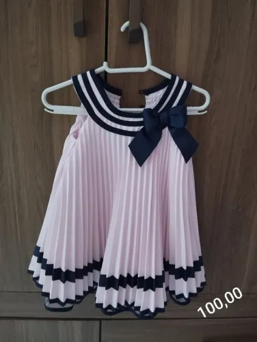 Vestido Infantil Plissado Rosa com Detalhes em Azul