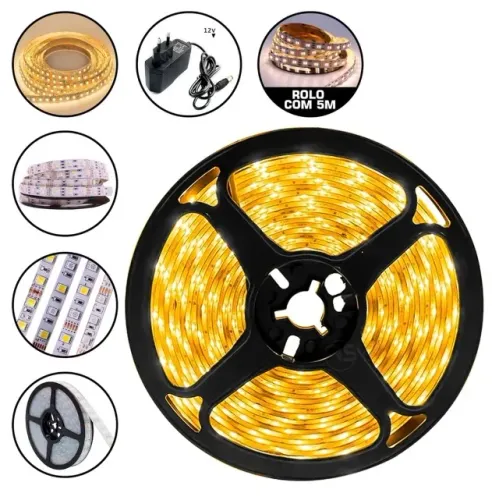 Fita Led Amarela 3528 5m D Face Branco Quente 3000k Bivolt 