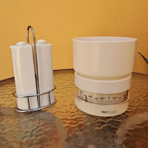 Kit: Galheteiro de Cerâmica + Balança de Cozinha FAET Exata - Nunca Usados!