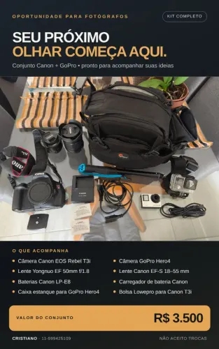 Kit para Fotografia Canon T3i + GoPro Hero4 e Acessórios 