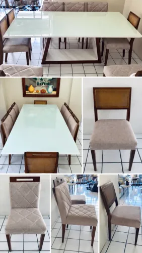 Mesa de Jantar de Luxo 2,20m com 8 Cadeiras - Tampo de Vidro e Base de Madeira