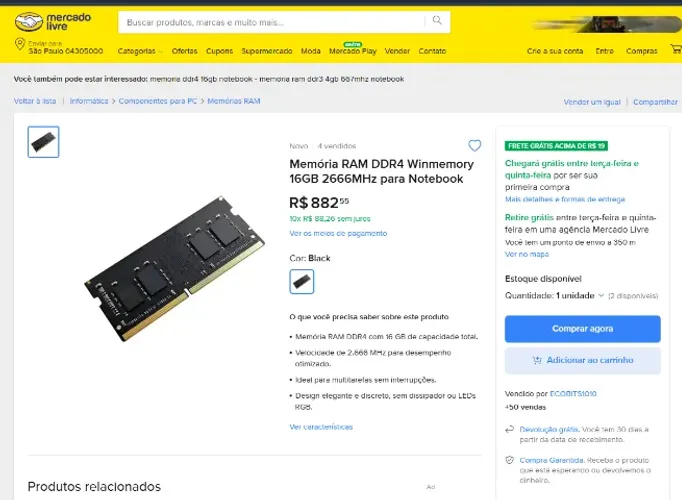 Memória RAM DDR4 Winmemory 16GB 2666MHz para Notebook