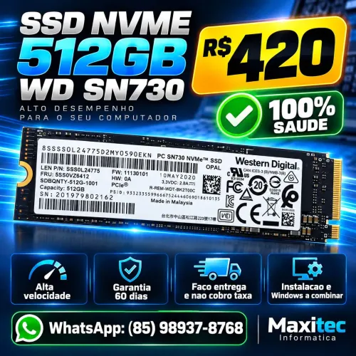 SSD 512GB NVME WESTERN DIGITAL SN730 M.2 2280 - 100% DE SAÚDE - R$ 420!