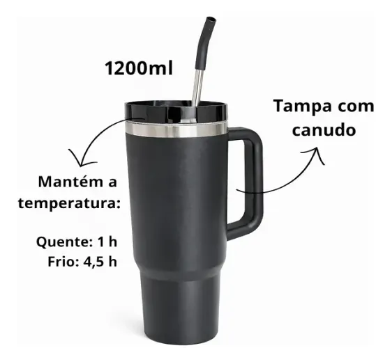 Copo Térmico Preto Inox 1200ml com Tampa e Canudo