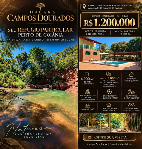 Chácara de lazer Piscina, casa 5 Quartos no Campo Dourado Aragoiânia -30 minutos de Goiâni