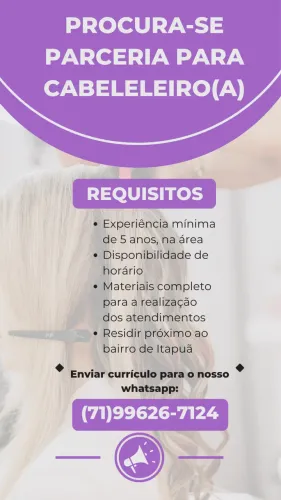 Vaga para parceria, para cabeleleira!
