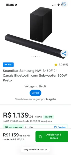 Sound Bar Samsung B450F novo na caixa
