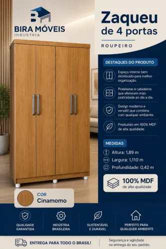 Roupeiro 04 Portas 02 Gavetas London 100% MDF
