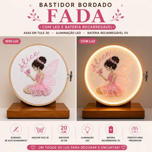 Quadro Bordado fada em bastidor com Iluminação LED recarregável, 20cm.