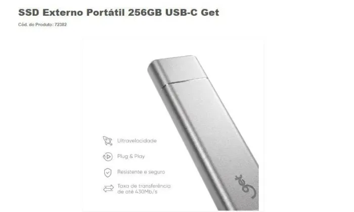 SSD Externo Portátil 256GB USB-C Get