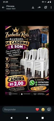 Aluguel de som e cadeiras menor preço da região para mais consulte
