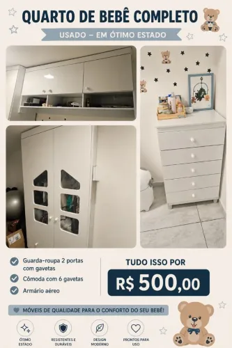 Guarda-roupas, cômoda e armário aéreo quarto de bebê
