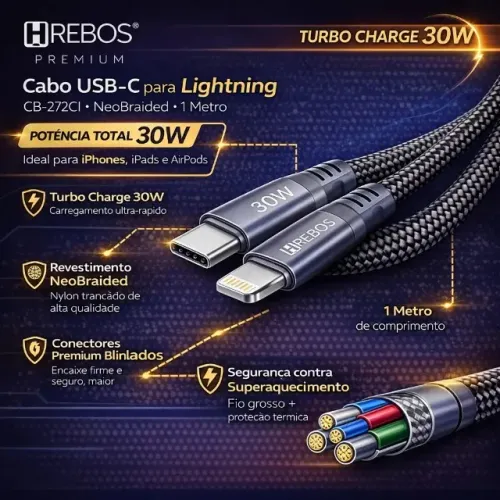 Cabo Tipo C Para Lightning 30w Hrebos Reforçado Premium 1m