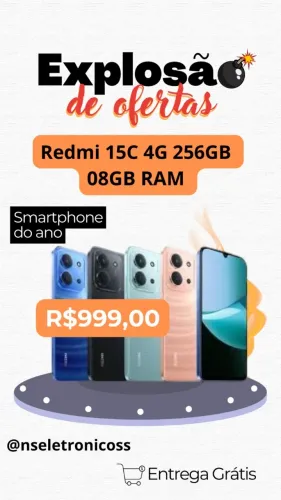 Smartphone Xiaomi Redmi 15C 8GB RAM 256GB Preto Azul Verde Novo Entregamos