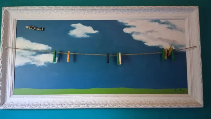 Quadro moderno em 3D, tinta óleo e objetos aplicados.