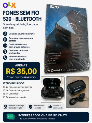 Fone Bluetooth S20 Sem Fio + Case Carregador | Novo Lacrado