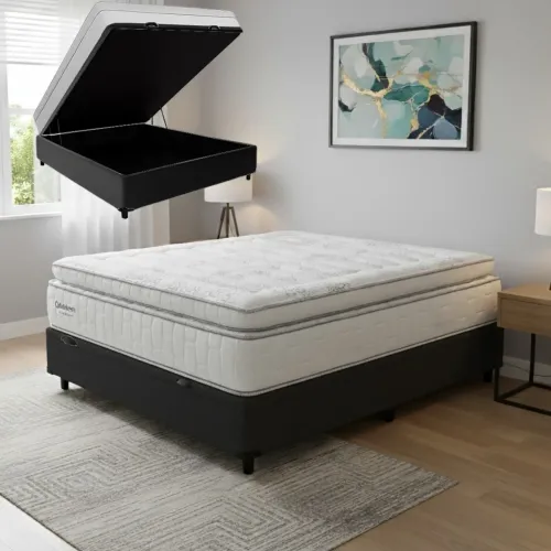 Colchão Casal New Freedom 32 cm D33 Molas Ensacadas + Base Baú Corino Preto - ORTOBOM