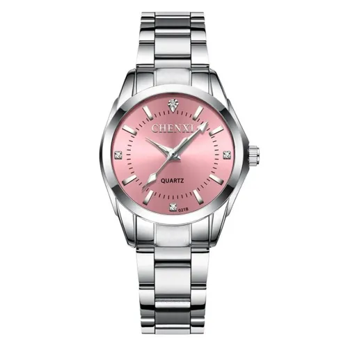 Relógio Feminino Chenxi Luxo Prata Fundo Rosa C/ Strass - Novo