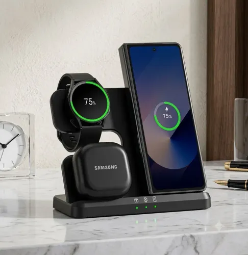Carregador rápido sem fio 3 em 1 para Samsung. Estação de carregamento (preto)