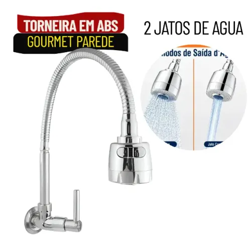 Torneira Gourmet de Parede para Cozinha Flexível Cromada Brilhante em ABS - SCS18
