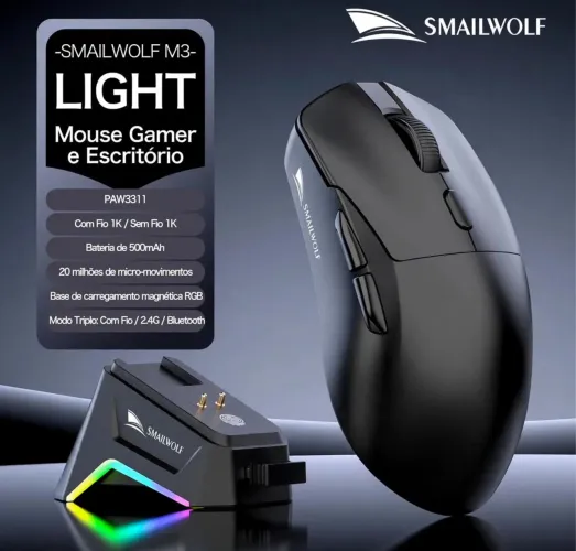 Mouse Gamer Sem Fio Smailwolf M3 Tri Mode Paw3311 12000dpi + Dock de Carregamento