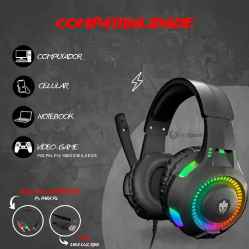 Fone De Ouvido Headset Gamer Luz Led RGB RIVAL EG307