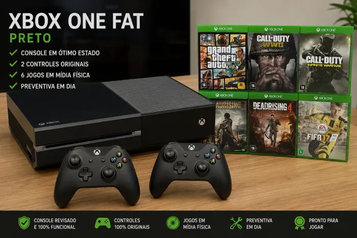 Xbox one com 2 controles e 6 jogos físicos.