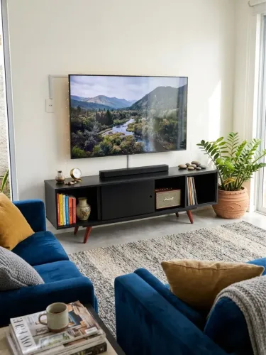 Rack para TV Preto Estilo Retrô com Porta de Correr