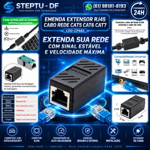 Emenda Extensor Rj45 Cabo Rede Cat5 Cat6 Cat7 Arduino Automação COD-CP685