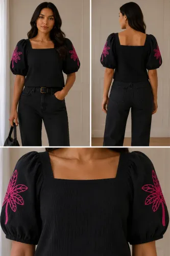 Bazar | Blusa Preta Manga Bufante com Bordado Pink