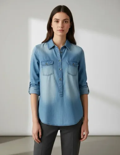 Camisa Feminina Jeans manga longa com botões na frente azul claro
