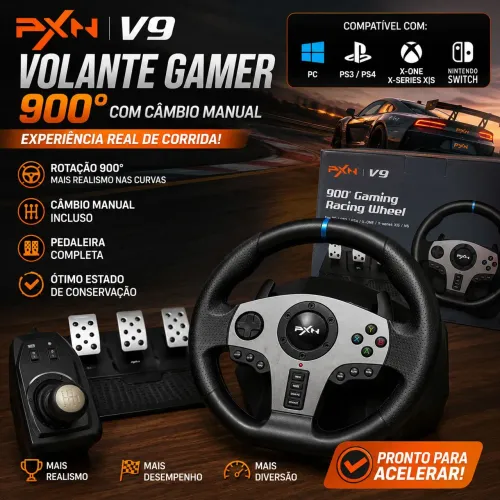 VOLANTE PXN V9 900° + CÂMBIO MANUAL + PEDAIS | PS4 PS5 XBOX PC