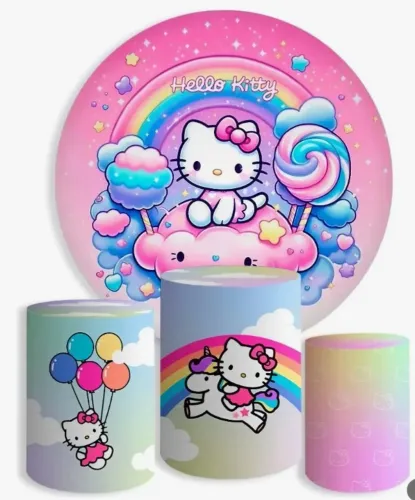 1 Kit Painel de Festa redondo e cilindros Tema Hello Kitty 