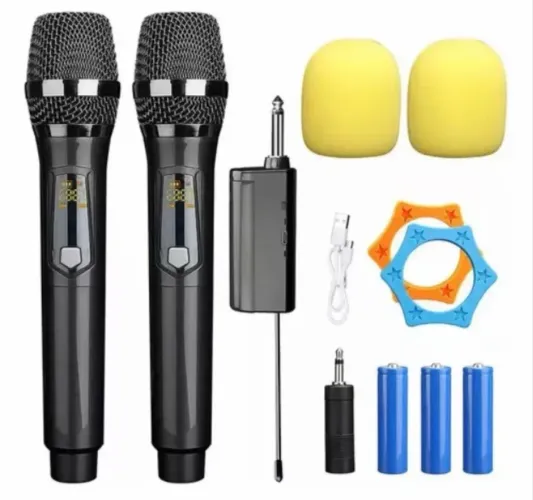 Microfone Duplo Sem Fio Dinâmico Profissional Recarregável Cinza-escuro