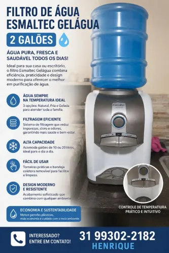 Bebedouro/Filtro de Água Esmaltec Gelágua + 2 Galões vazios - R$ 399,00