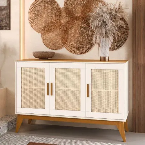 Buffet Aparador 3 Portas Com Tela Pés Madeira Maciça Andorra Off White/Cedro