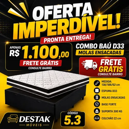 Base baú casal + colchão molas ensacadas D33