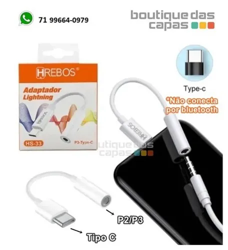 Adaptador conversor Tipo c Para P2 Hrebos HS-33 samsung xiaomi *Não conecta por bluetooth 