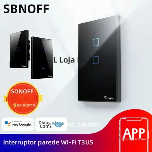 SONOFF Interruptor inteligente Wi-fi 3 Botões - ModeloT3 Compatível com Alexa