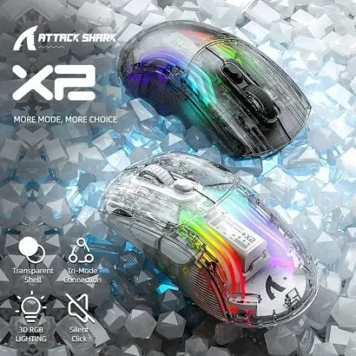 Mouse Gamer Attack Shark X2 - RGB, Sem Fio e Transparente