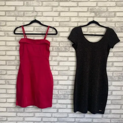 Kit 2 Vestidos Tubinho Clock House Rosa + Dzarm Preto Glitter Tamanho PP-P
