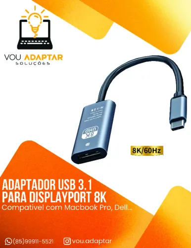 Adaptador Usb Tipo C Displayport Fêmea 8k 60hz 4k 144hz Hdr