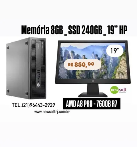Computador HP 8GB RAM 240GB SSD AMD A8 PRO 7600B R7 - Monitor 19"